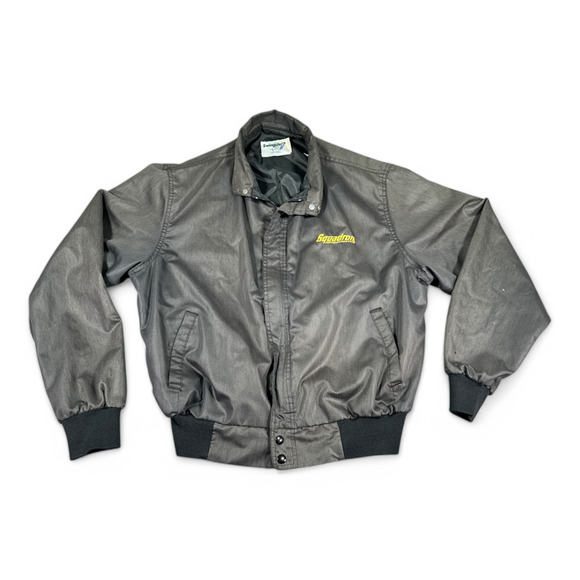 Vintage Swingster Jacket Adult LARGE Black Satin Squadron Spell Out Satin 80s - Picture 1 of 8